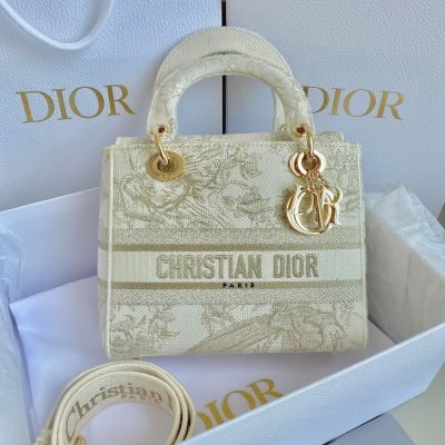 Christian dior medium lady d lite bag embroidered canvas light white