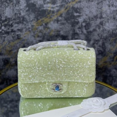 Chanel sequin light green mini flap bag