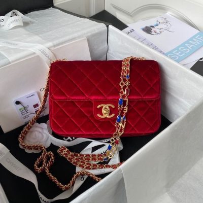 Chanel red velvet enamel mini flap bag