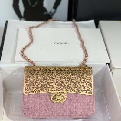 Chanel metal tweed minaudiere flap pink