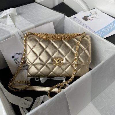 Chanel metallic leather flap bag gold