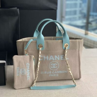 Chanel small deauville tote bag beige blue handle