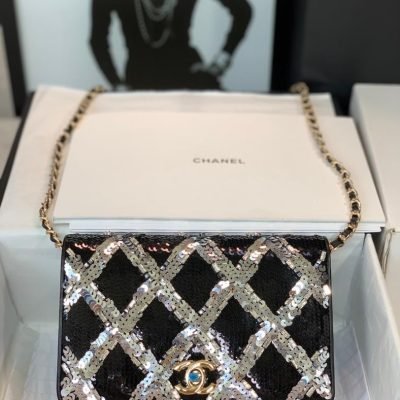 chanel sequin small black evening clutch in chain