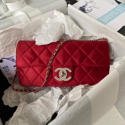 Chanel classic rectangular silk flap bag red