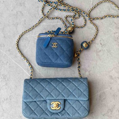 Chanel 22C blue denim gold ball bag