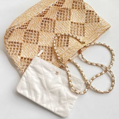 Chanel raffia effect braided beige white small tote bag