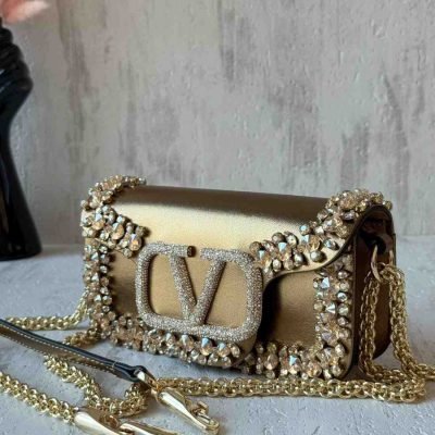 Vallentino Garavani Jeweled Locò Metallic Leather Shoulder Bag In Crystal golden color