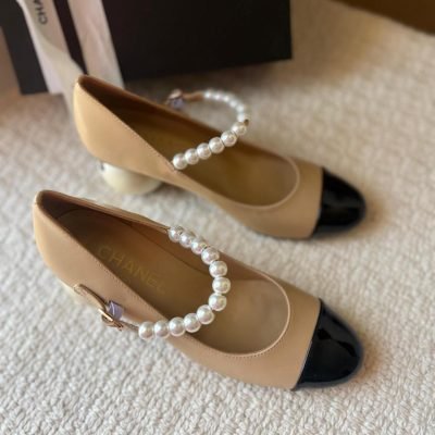 Chanel Mary Janes Imitation Pearls Pumps Beige