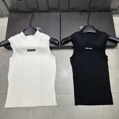 Miu Miu Tank Tops Ribbed Knit Sleeveless White & Black