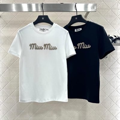 Miu Miu T-Shirt Crystal Logo Embellished Black & White