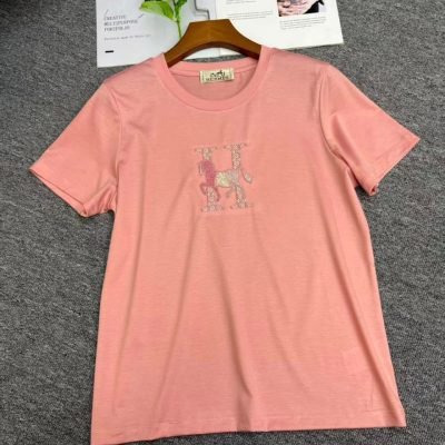 Hermes T-shirt H Logo Embroidered Pink