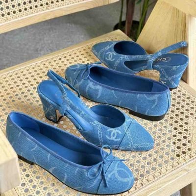 chanel blue denim slingback shoes