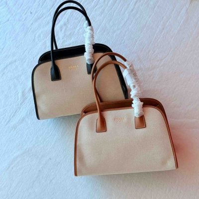prada medium linen blend leather tote bag