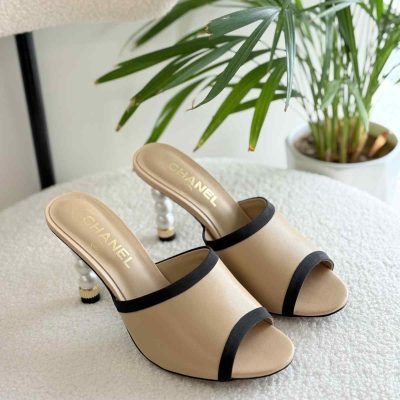 Chanel open toe pearl mules beige