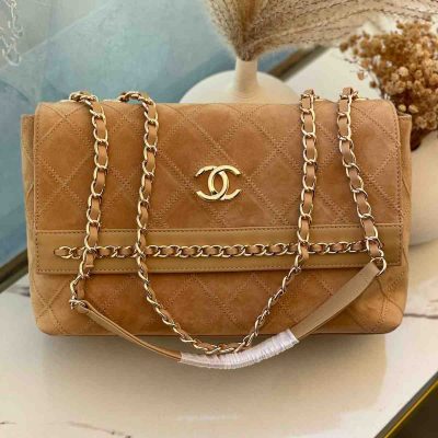 Chanel cc suede leather flap bag brown