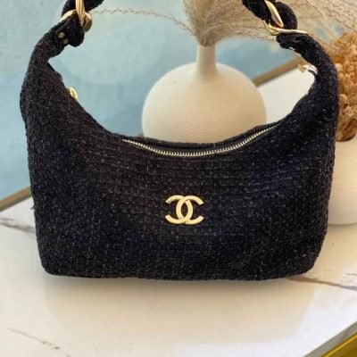 Chanel sequin tweed hobo bag black
